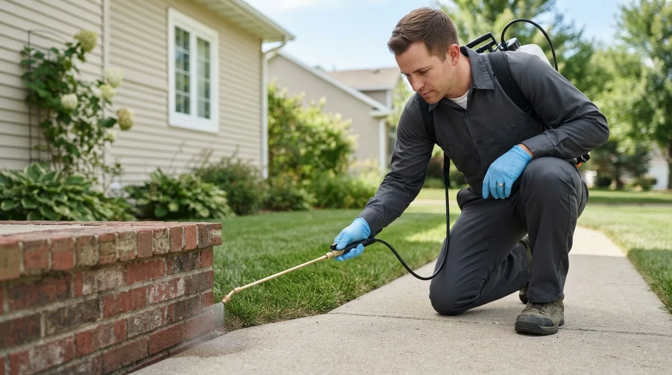 Pest control technician treating a home near Ixonia, WI