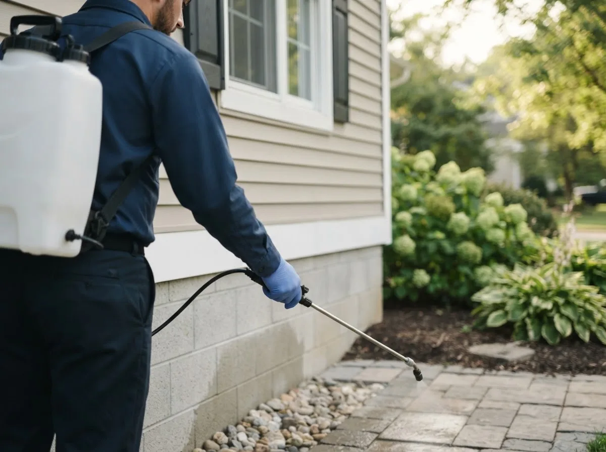 Pest control technician inspecting a home in Ixonia, WI